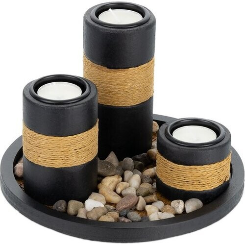 Tweedekans waxinelichthouders - dienblad en steentjes - Ø 19,5 cm - tafeldecoratie woon- en eetkamer - zwart Tweedehands