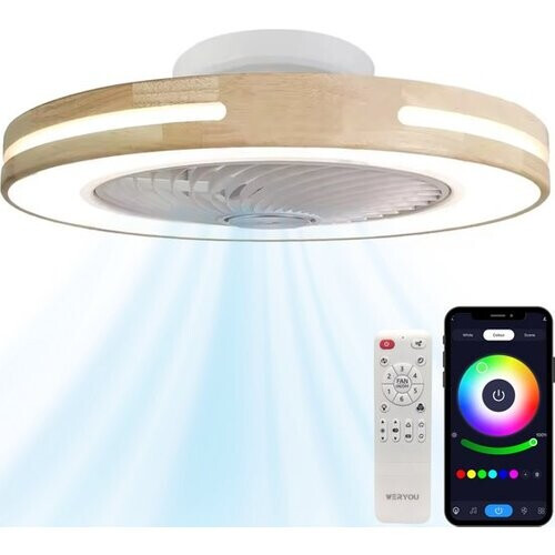 Tweedekans WERYOU® illuminAIR Plafondventilator - Plafonniere - Plafondventilator met verlichting - Plafonniere - Ventilator lamp - RGB Ledlamp - Incl Afstandsbediening - Hout Design Tweedehands