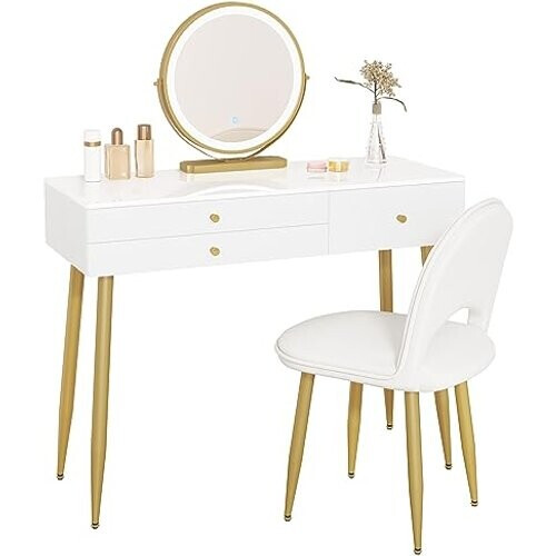 Tweedekans Woltu Make-up Tafel MB6105ws met Kruk en LED Spiegel - Houten Make-up Bureau met Verstelbare Verlichting, 3 Lades, Fluwelen Stoel met Rugleuning - Wit, Crème en Goud - 100x40 cm Tweedehands