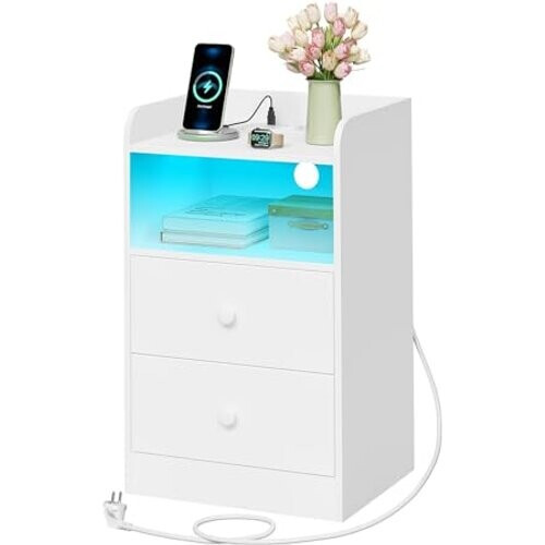 Tweedekans Woltu Nachtkastje met Oplaadstation en LED-verlichting Wit 40x35x64 cm Tweedehands