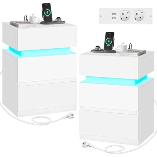 Tweedekans Woltu Nachtkastje met Stopcontact en LED-verlichting - Wit - 40 x 35 x 55 cm - 2 Lades en 1 Opbergvak - Modern en Multifunctioneel Tweedehands