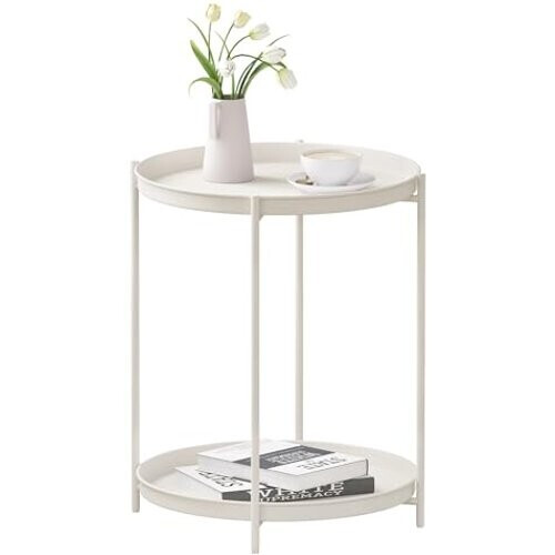 Tweedekans Woltu Ronde Bijzettafel met 2 Verwijderbare Planken - Metaal, Crème - Ø44 cm, Hoogte 57 cm Tweedehands