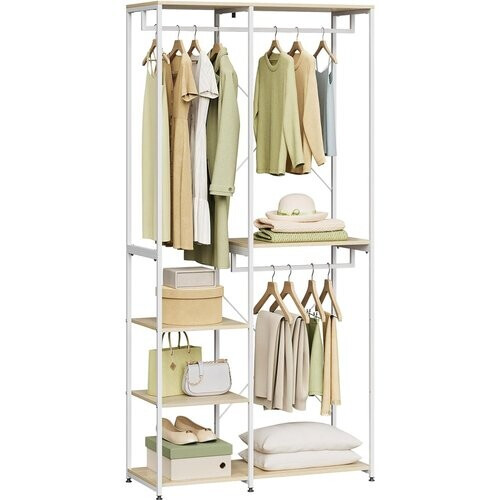 Tweedekans Woltu SR0062WHE Kapstok Kledingrek met Schoenenrek - 90x40x204 cm - Wit met Lichteiken Tweedehands