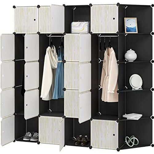 Tweedekans Woltu SR0102she Modulaire Kledingkast - 185x185x35 cm - Zwart met Licht Eiken Deuren - 13 Kubussen met 4 Kledingstangen Tweedehands