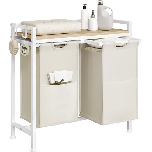 Tweedekans Woltu Wasmand met 2 Vakken en Opbergplank - 80L Inhoud - Uittrekbare & Uitneembare Waszakken - Wit/Licht Eiken - 70 x 30 x 71 cm Tweedehands