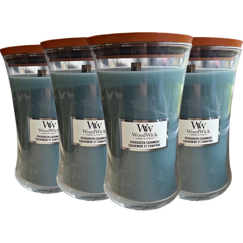 Tweedekans WoodWick Evergreen Cashmere Geurkaarsen Set van 4 Large 17,8 cm x 10,2 cm – Houten Lont – 130 Branduren – Flared Glas Tweedehands