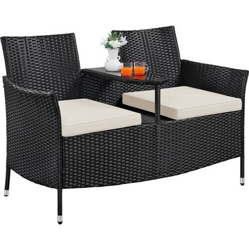 Tweedekans Yaheetech 2-persoons tuinbank - Met glazen tussentafel - 131 x 65,5 x 85 cm - Zwart/beige Tweedehands