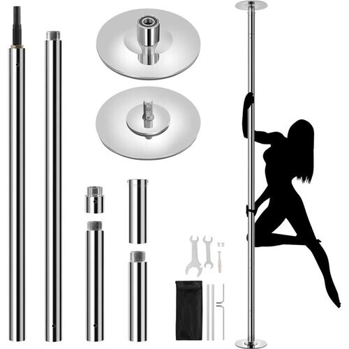 Tweedekans Yaheetech Danspaal Met Plafondbevestiging – Voorzien Van Statische En Draaiende Stand En 2 Verlengstangen En Rubberen Antislipprofiel – Voor Thuisgebruik En Fitness – Zilver Verchroomd Metaal – 23 x 23 x 225-274,5 cm Tweedehands