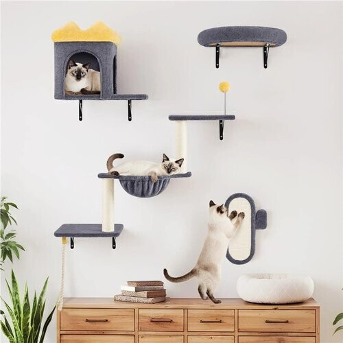 Tweedekans Yaheetech Kattenmeubels Voor Wandmontage Set – 49 x 30 x 40 cm – Voorzien Van Kattenhol En Ligmand En Sisal Krabpalen En Meerdere Platforms – Voor 1-5 Katten – Donkergrijs Pluche En Metaal Tweedehands