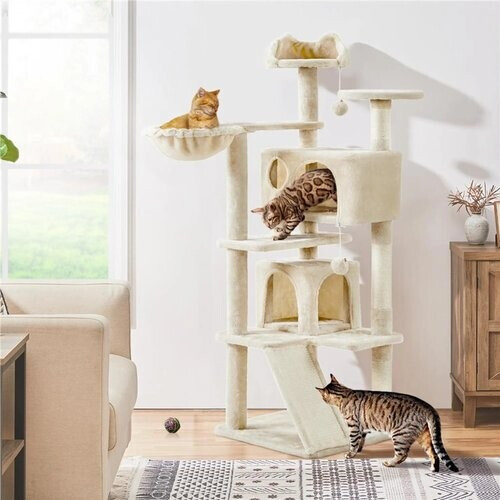 Tweedekans Yaheetech Krabpaal Met 2 Kattenmanden – Voorzien Van Sisal Krabpalen En Hangmat En Anti-kantelsysteem – Voor Kleine En Middelgrote Katten – Donkergrijs Pluche En E1 Spaanplaat – 48,5 x 48,5 x 146 cm Tweedehands