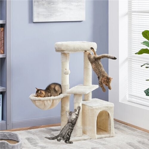Tweedekans Yaheetech Krabpaal Met 3 Verdiepingen – Voorzien Van Sisalpalen En Kattenmand En Hangmat En Verwijderbare Pluche Bal – Voor Kleine En Middelgrote Katten – Beige Pluche En E1 Spaanplaat – 51 x 34,5 x 87 cm Tweedehands