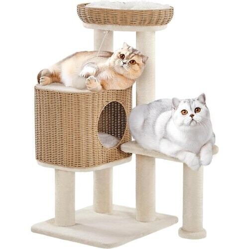 Tweedekans Yaheetech Krabpaal Met Rotan Kattenhuis – 49 x 41 x 91 cm – Voorzien Van Luxe Kattenmand En Sisal Krabpalen En Zachte Uitneembare Matten – Voor Kittens En Volwassen Katten – Beige Rotan En Pluche Tweedehands