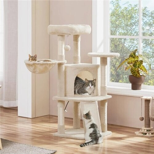 Tweedekans Yaheetech Krabpaal Middelgroot – 43,5 x 43,5 x 106 cm – Voorzien Van Royaal Uitkijkplatform En Hangmat En Kattenmand Met 5 Sisalpalen – Voor Kittens En Middelgrote Katten – Beige Pluche En Spaanplaat Tweedehands