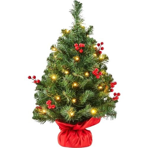 Tweedekans Yaheetech Tafelkerstboom Met Verlichting – 38 x 38 x 60 cm – Voorzien Van 35 LED-Lampjes En 40 Rode Bessen En Betonnen Voet Met Rode Doek – Voor Dressoir En Kantoor – Groen PVC En Beton Tweedehands