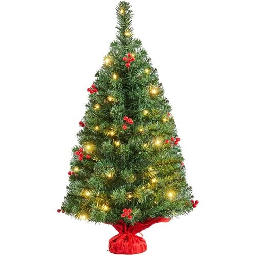 Tweedekans Yaheetech Tafelkerstboom Met Verlichting – 48 x 48 x 90 cm – Voorzien Van 50 LED-Lampjes En 60 Rode Bessen En Betonnen Voet Met Rode Doek – Voor Dressoir En Kantoor – Groen PVC En Beton Tweedehands
