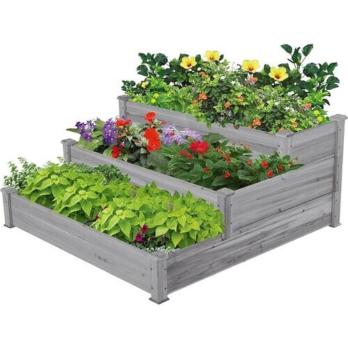 Tweedekans Yaheetech Verhoogde Plantenbak 3-Laags - Houten Moestuinbak van Dennenhout voor Groenten, Bloemen en Kruiden Tweedehands