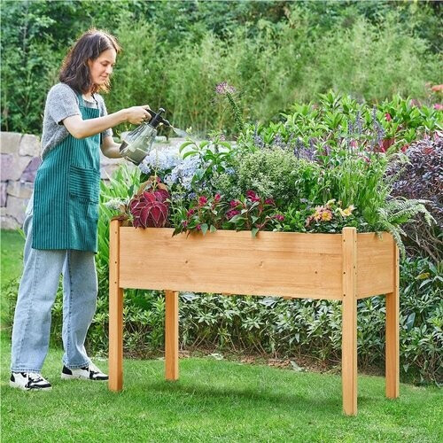Tweedekans Yaheetech Verhoogde Plantenbak - Houten Moestuinbak - 120,5 x 59 x 76 cm - Lichtbruin Tweedehands