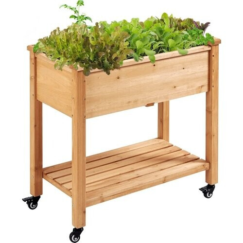 Tweedekans Yaheetech Verhoogde Plantenbak op Wielen 87 x 47 x 83,5 cm - Lichtbruin - Houten Kweekbak met Opbergplank Tweedehands