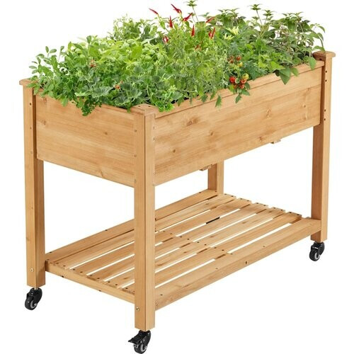 Tweedekans Yaheetech Verhoogde Plantenbak Op Wielen – Voorzien Van 4 Afvoergaten En Opbergvak En 360° Zwenkwielen – Voor Tuin Balkon En Terras – Lichtbruin Sparrenhout – 105,5 x 56,5 x 83,5 cm Tweedehands
