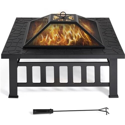 Tweedekans Yaheetech Vuurschaal Buiten Vierkant – Voorzien Van Vonkenscherm En Pook En Waterdichte Hoes – Voor Tuin En Terras – Zwart Metaal – 81,2 x 81,2 x 50 cm Tweedehands