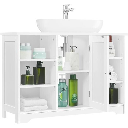 Tweedekans Yaheetech Wastafelmeubel Met Verstelbare Planken – Voorzien Van Sifon-Uitsparing En Open Zijvakken En Kastdeur – Voor Badkamer En Toilet – Wit Mdf – 90 x 30 x 60 cm Tweedehands