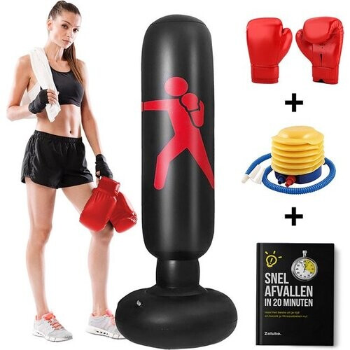 Tweedekans Zoluko Opblaasbare Bokszak op Voet - Incl. Bokshandschoenen, Voetpompje en E-book - Voor binnen en buiten - Voor Volwassenen en Kinderen - Zwart - ø 65 cm - 160 cm hoog Tweedehands