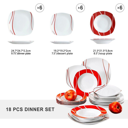 Vancasso Malacasa Felisa - 18-delige Porseleinen Dinerset - Wit/Rood (6 stuks) Tweedehands
