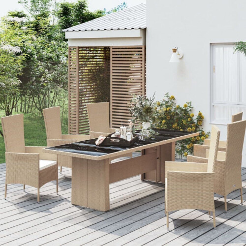 vidaXL - Tuintafel - met glazen blad - poly rattan - staal - beige - 240 x 90 x 75 cm Tweedehands