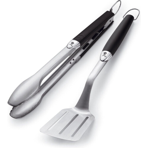 WEBER Premium barbecue-kookgerei - roestvrij staal - spatel (L 45 cm) en tang (L 43,5 cm) - zwart (2 stuks) Tweedehands