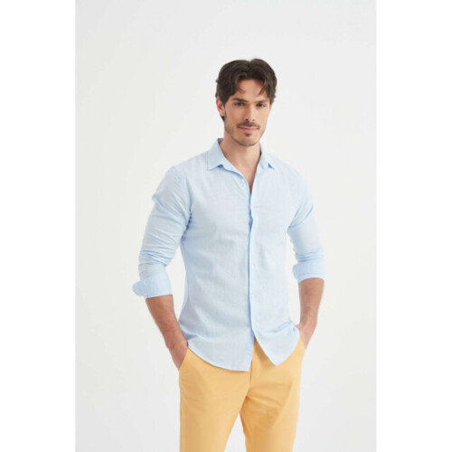 William de Faye Linnen shirt Blauw - Maat M