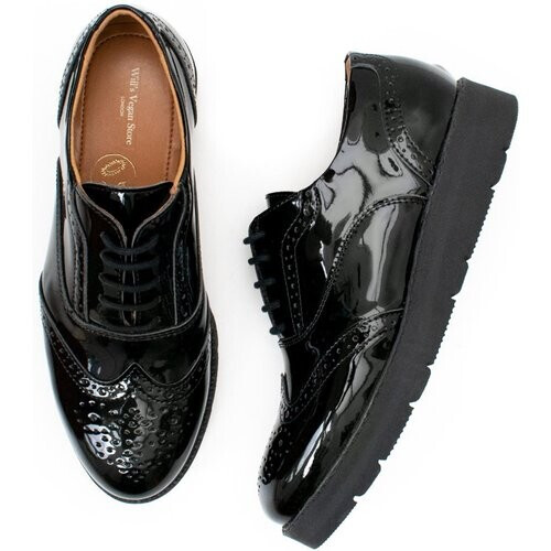 Will's Vegan Store dames vegan Brogues Flatform Patent Zwart Tweedehands