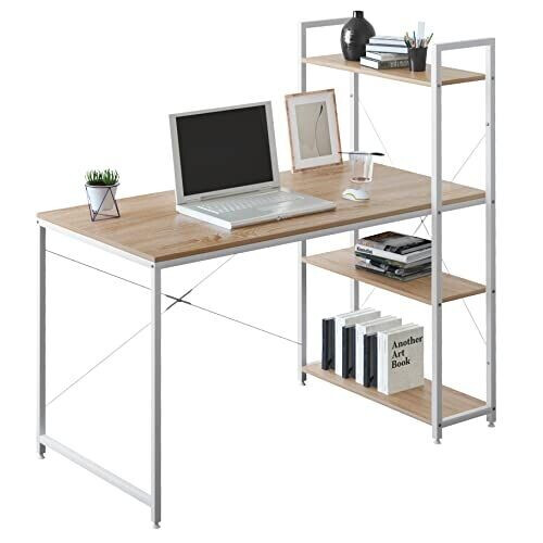 Woltu Computertafel Licht Eiken + Wit met 4 Opbergrekken - Ruime Werkplek 120x64 cm