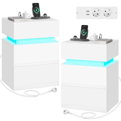 Woltu Nachtkastje met Stopcontact en LED-verlichting - Wit - 40 x 35 x 55 cm - 2 Lades en 1 Tweedehands