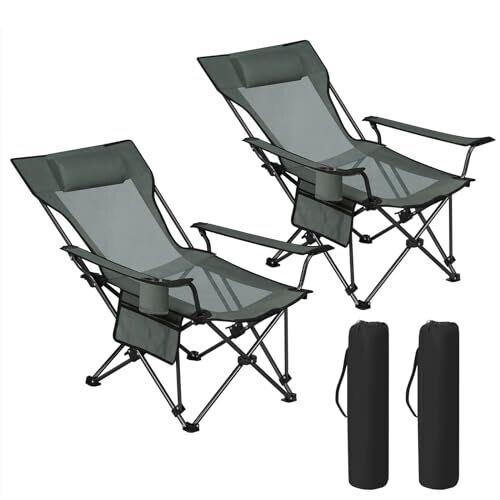 Woltu Set van 2 Opvouwbare Campingstoelen met Verstelbare Rugleuning en Bekerhouder - Grijs