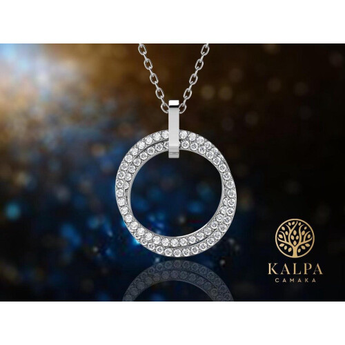 Yolora Dames Ketting met Ronde Hanger - Kalpa Camaka Kristallen - Zilverkleurig - 18K Wit Verguld - Vrouwen Collier Zilver - Sieraden - Halsketting - Luxe Giftbox - Geschenkdoos - Cadeau doos - Geschenkverpakking - Mooie Cadeauverpakking