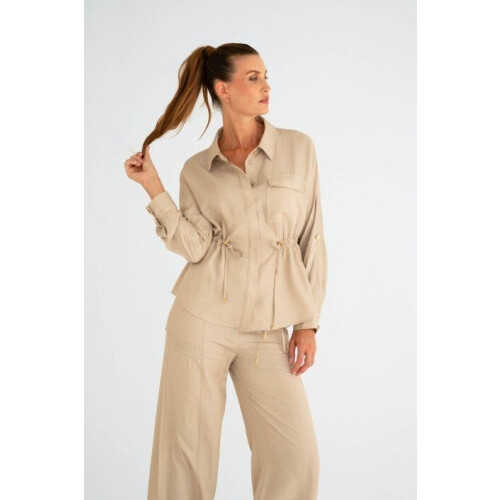 Zizo - Zizo - Dames blouse oversized - Glanzend patroon - Beige/sand - Maat 44 Tweedehands