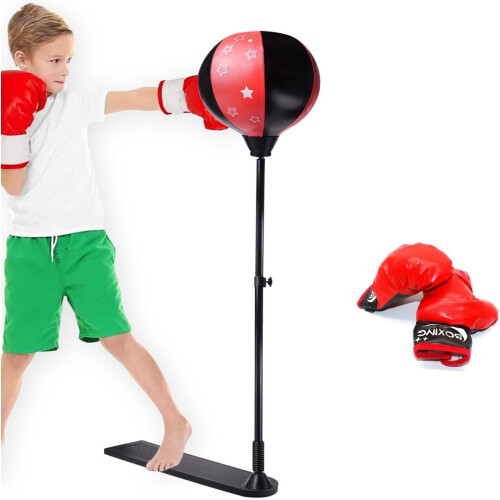 Zoluko Boksbal op Voet - Boksset Kinderen - Incl. Bokshandschoenen en Opblaaspomp - Verstelbaar 80-110 cm - Zwart/Rood