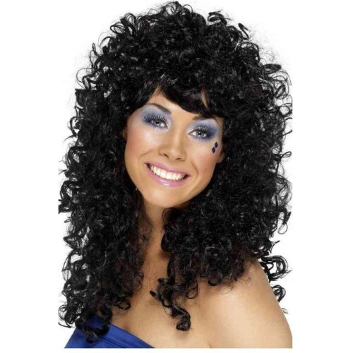 Zwarte krullende damespruik - Verkleedpruik - Pony - Lang (One size) Tweedehands